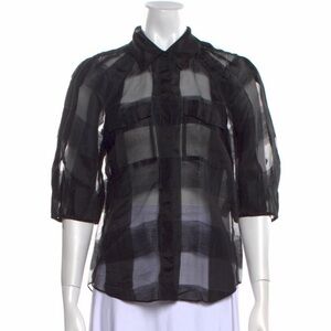 Rebecca Taylor Silk and Linen Organza sheer checkered Black 3/4 sleeve top
